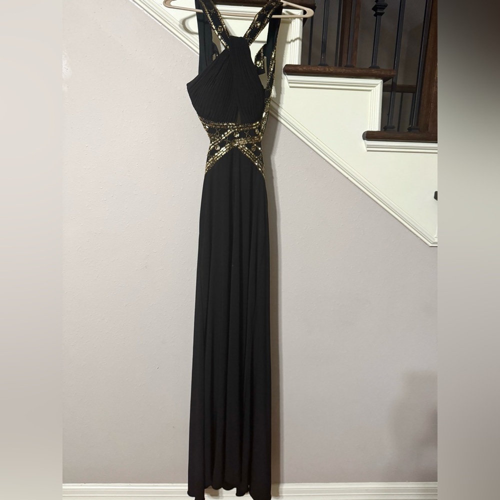 Betsy & Adam Black and Gold Backless Gown